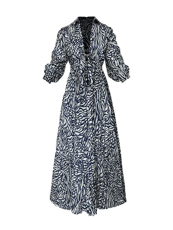 Loose Puff Sleeves Pleated Printed Split-Joint Deep V-Neck Jumpsuits Product Image