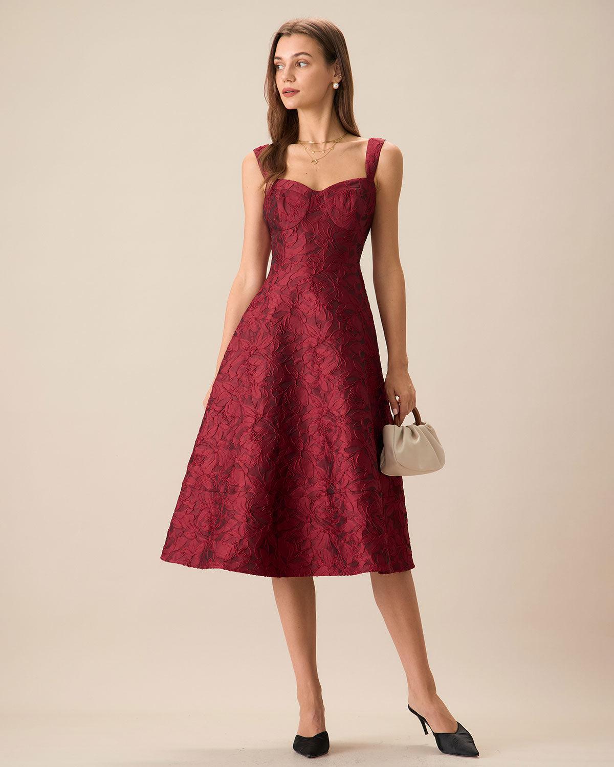 The Red Sweetheart Neck Jacquard Midi Dress Product Image