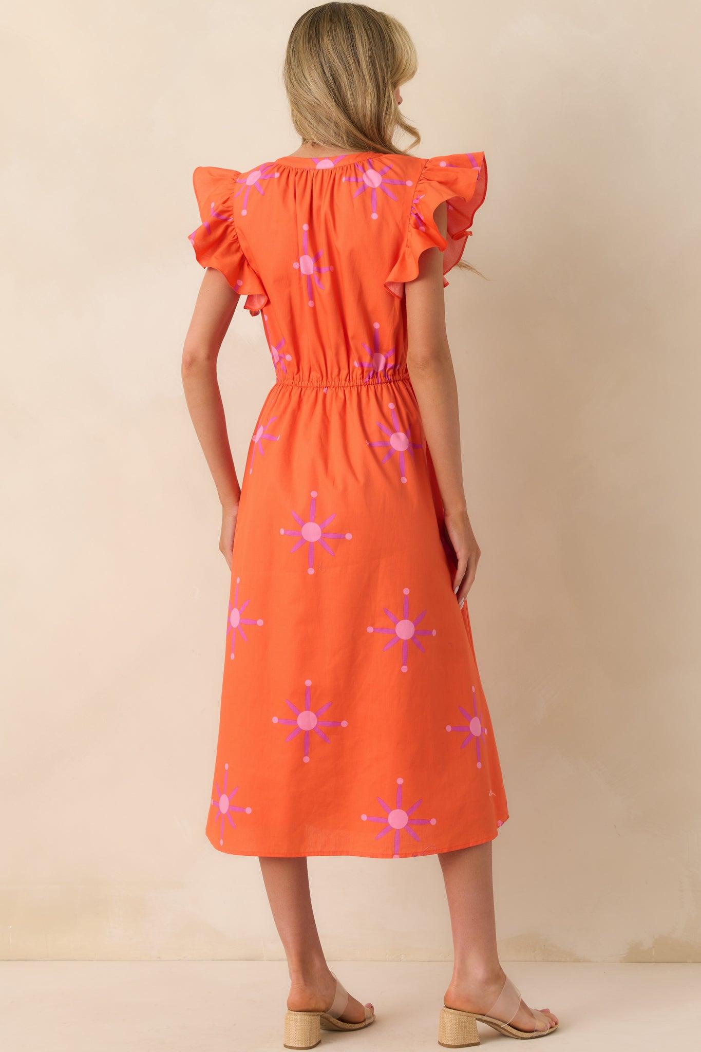 Don't Know Why Orange Floral Cotton Flutter Sleeve Midi Dress Product Image