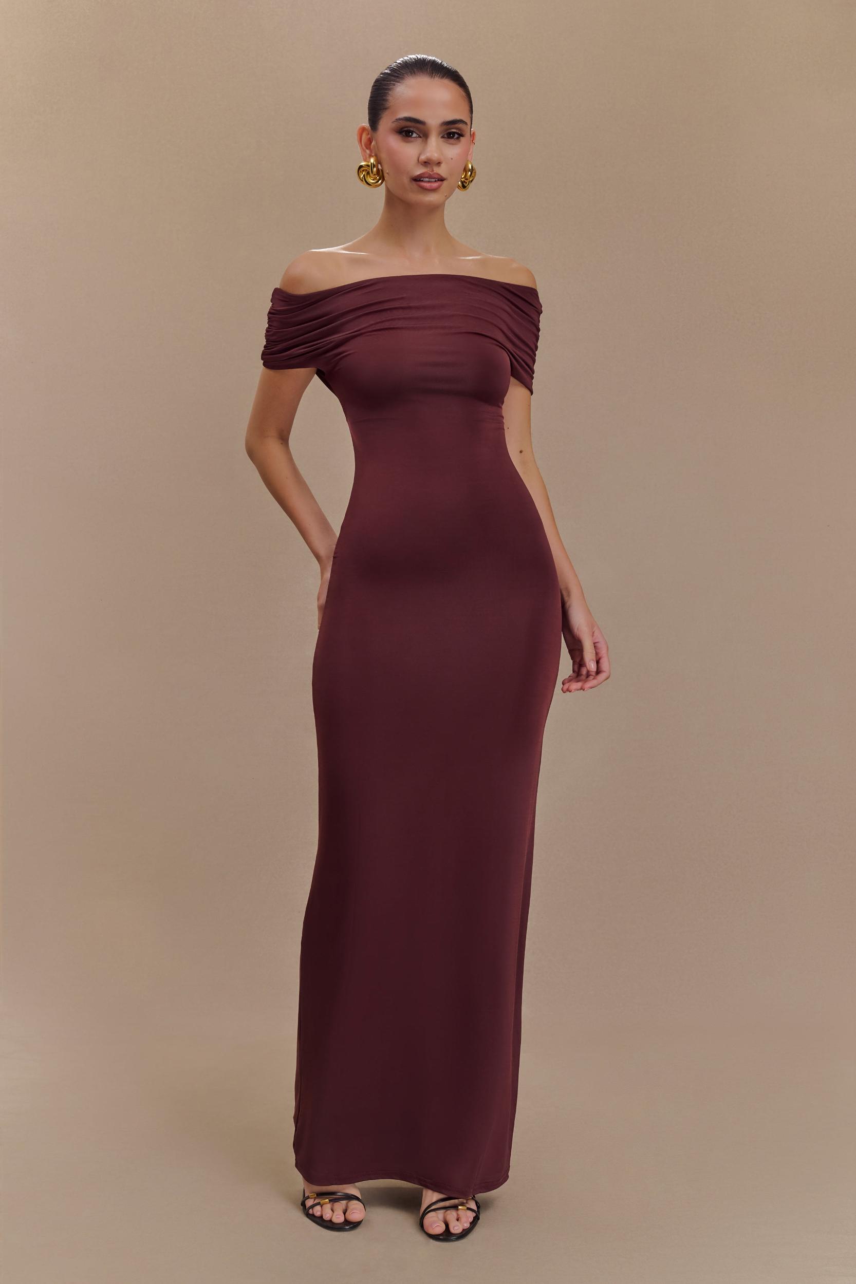 Imogen Off Shoulder Slinky Maxi Dress - Mahogany Product Image