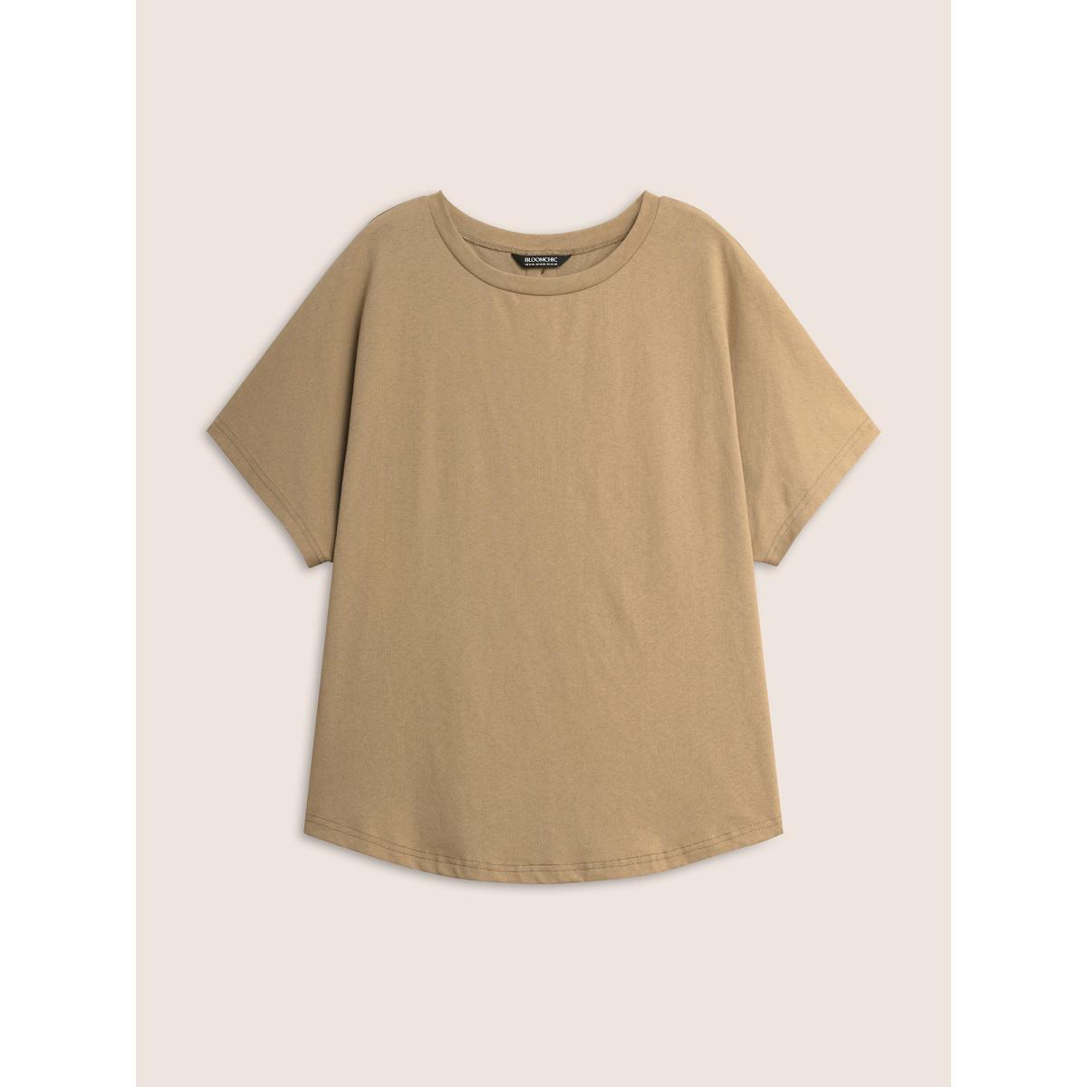 Plus Size Cotton Back Button Detail Dolman Sleeve T-shirt LightBrown Women Casual Button Round Neck Everyday T-shirts BloomChic 22-24/3X Product Image