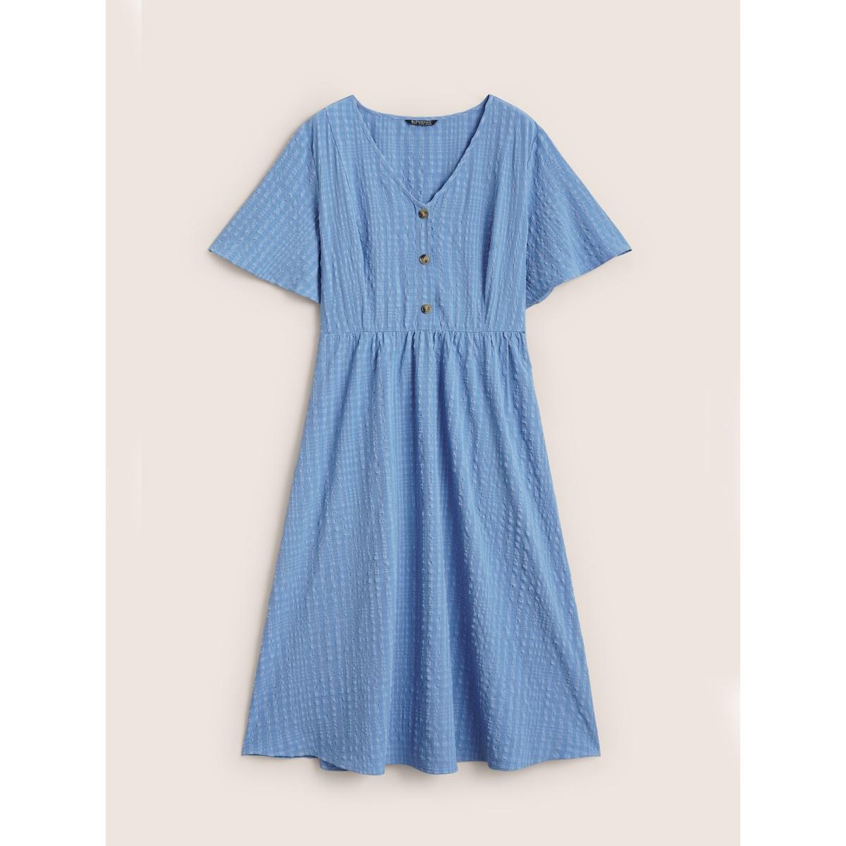 Plus Size Solid Textured Jacquard Pocket Dress Cerulean Women Casual Texture V-neck Short sleeve Curvy BloomChic 22-24/3X Product Image
