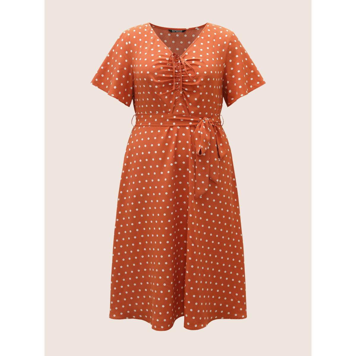 Plus Size Polka Dot Drawstring Belted Ruffle Sleeve Dress OrangeRed Women Elegant Non V-neck Short sleeve Curvy Midi Dress BloomChic 14-16/1X Product Image