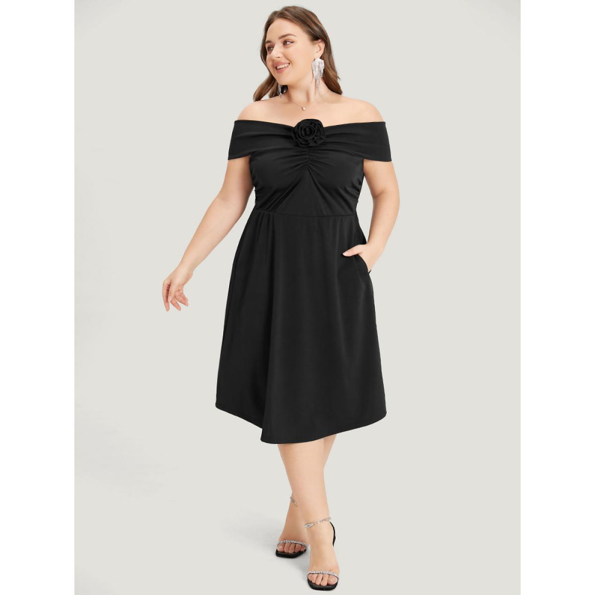 Plus Size Solid Pocket Floral Detail Ruched Off Shoulder Dress Black Women Glamour Gathered One-shoulder neck Sleeveless Curvy Midi Dress BloomChic 14-16/1X Product Image