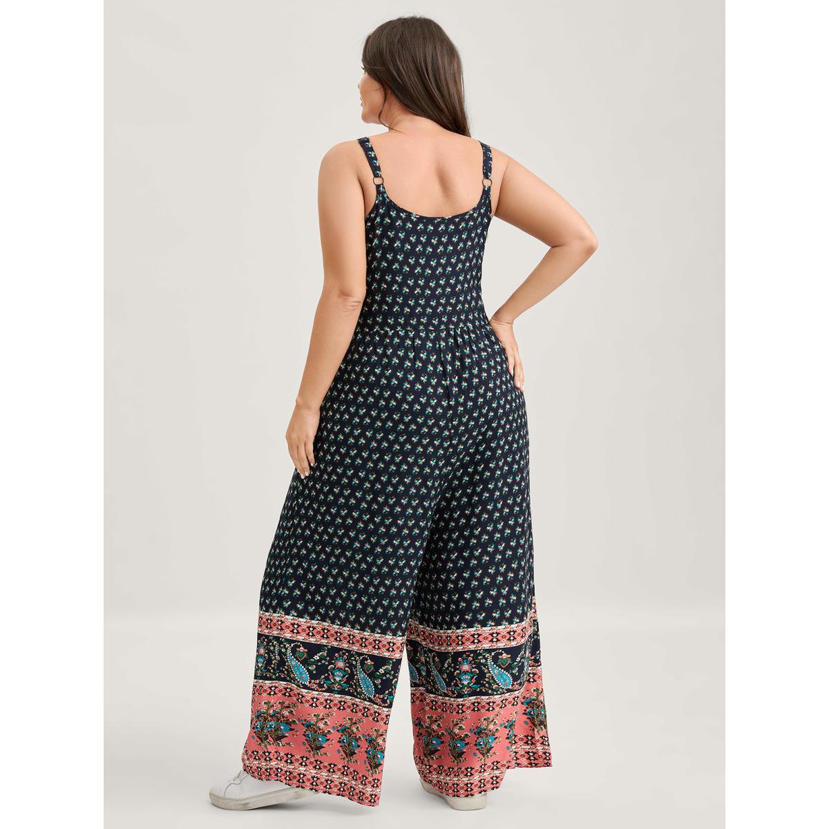 Plus Size Indigo Boho Contrast Cami Wide-Leg Jumpsuit Women Sleeveless Non Casual Loose Jumpsuits BloomChic 10/M Product Image