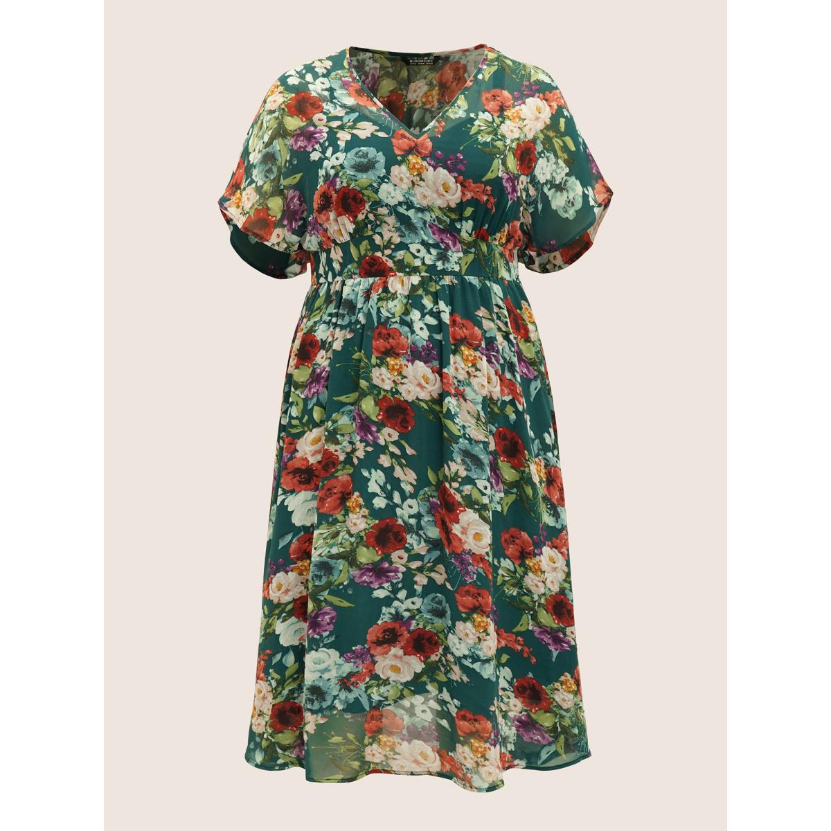 Plus Size V Neck Chiffon Floral Dolman Sleeve Dress Emerald Women Elegant V-neck Short sleeve Curvy BloomChic 18-20/2X Product Image