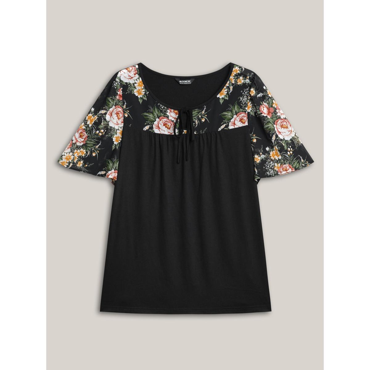 Plus Size Floral Print Spliced Neck-Tie T-Shirt Black Women Elegant Tie knot Natural Flowers Round Neck Everyday T-shirts BloomChic 12/L Product Image