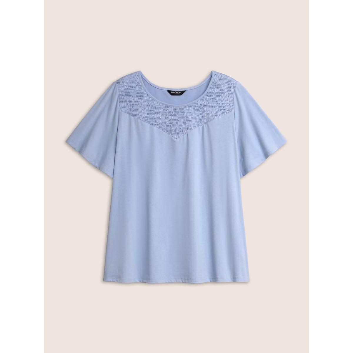 Plus Size Round Neck Shirred Ruffle Sleeve T-shirt LightBlue Women Casual Shirred Round Neck Everyday T-shirts BloomChic 14-16/1X Product Image