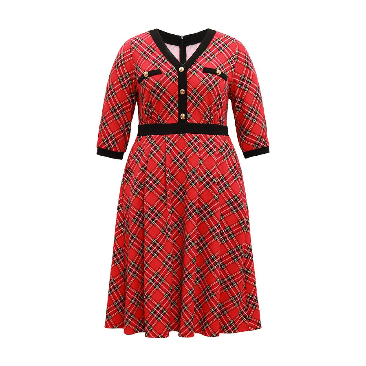 Plus Size Plaid Contrast Trim Pocket Button Detail Dress Raspberry Women Casual Printed V-neck Elbow-length sleeve Curvy Midi Dress BloomChic 10/M Product Image