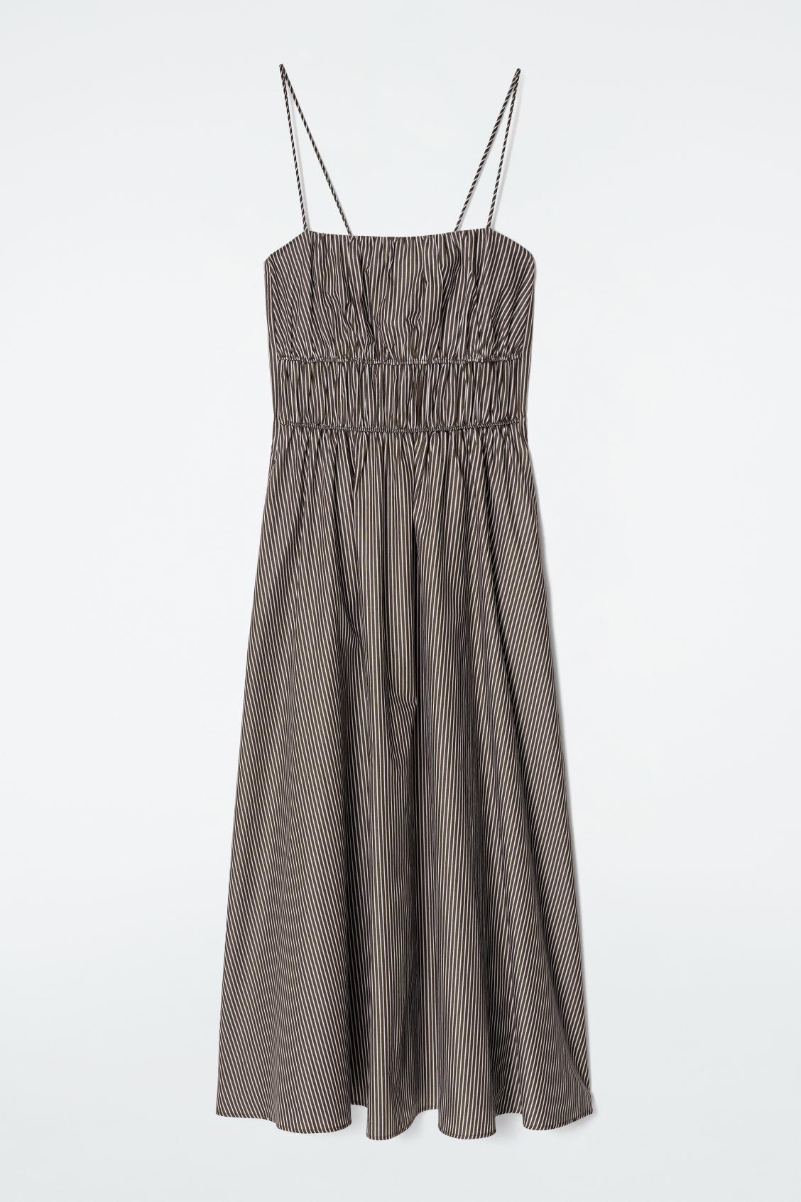 STRIPED GATHERED-WAIST MIDI DRESS Product Image