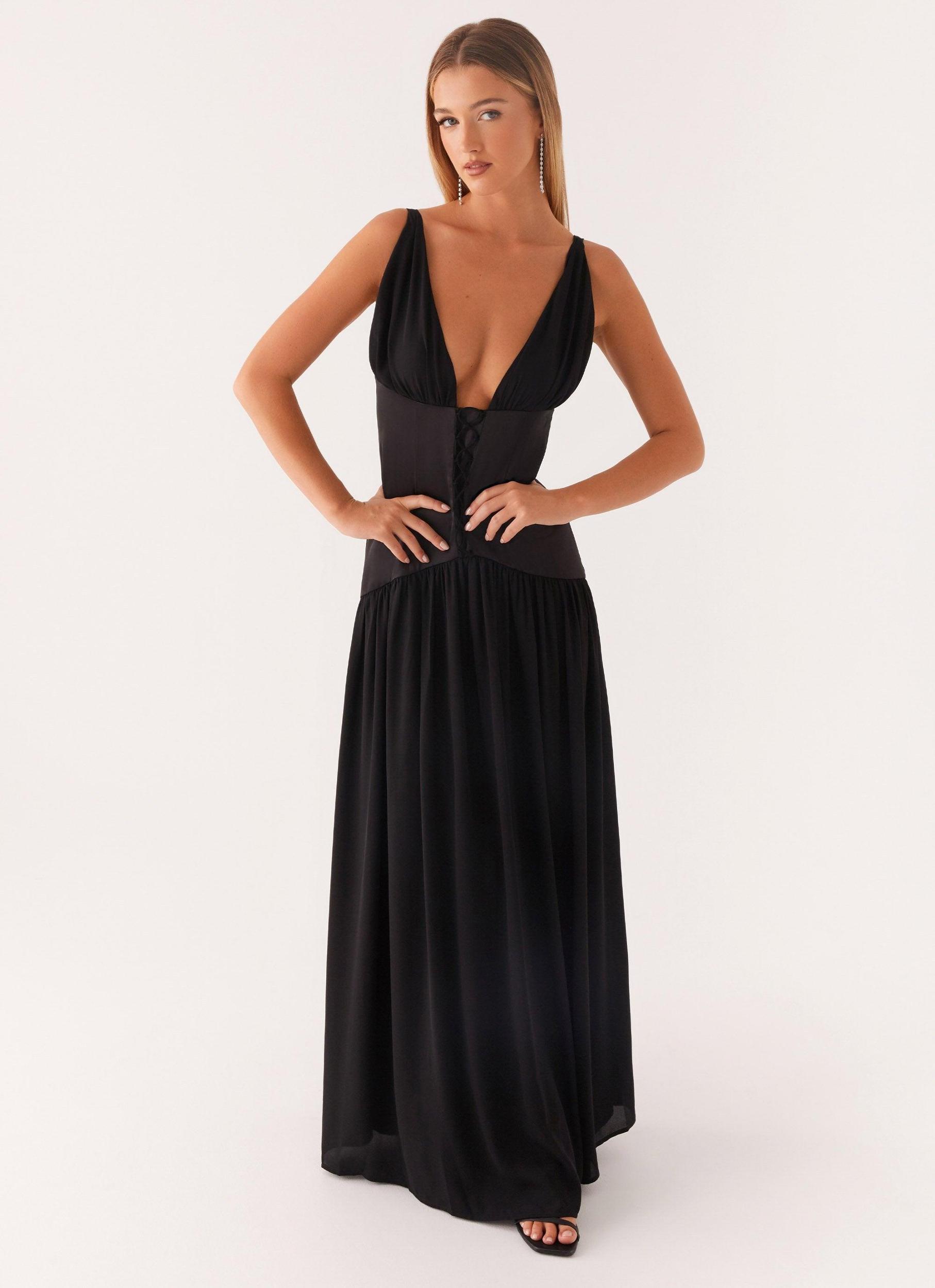 Dafina Satin Maxi Dress - Black Product Image