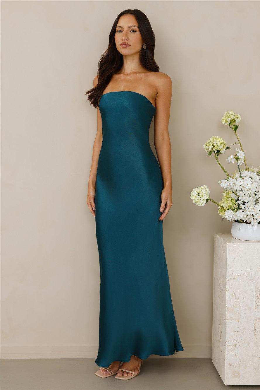 The Felicity Strapless Satin Maxi Dress Teal Product Image