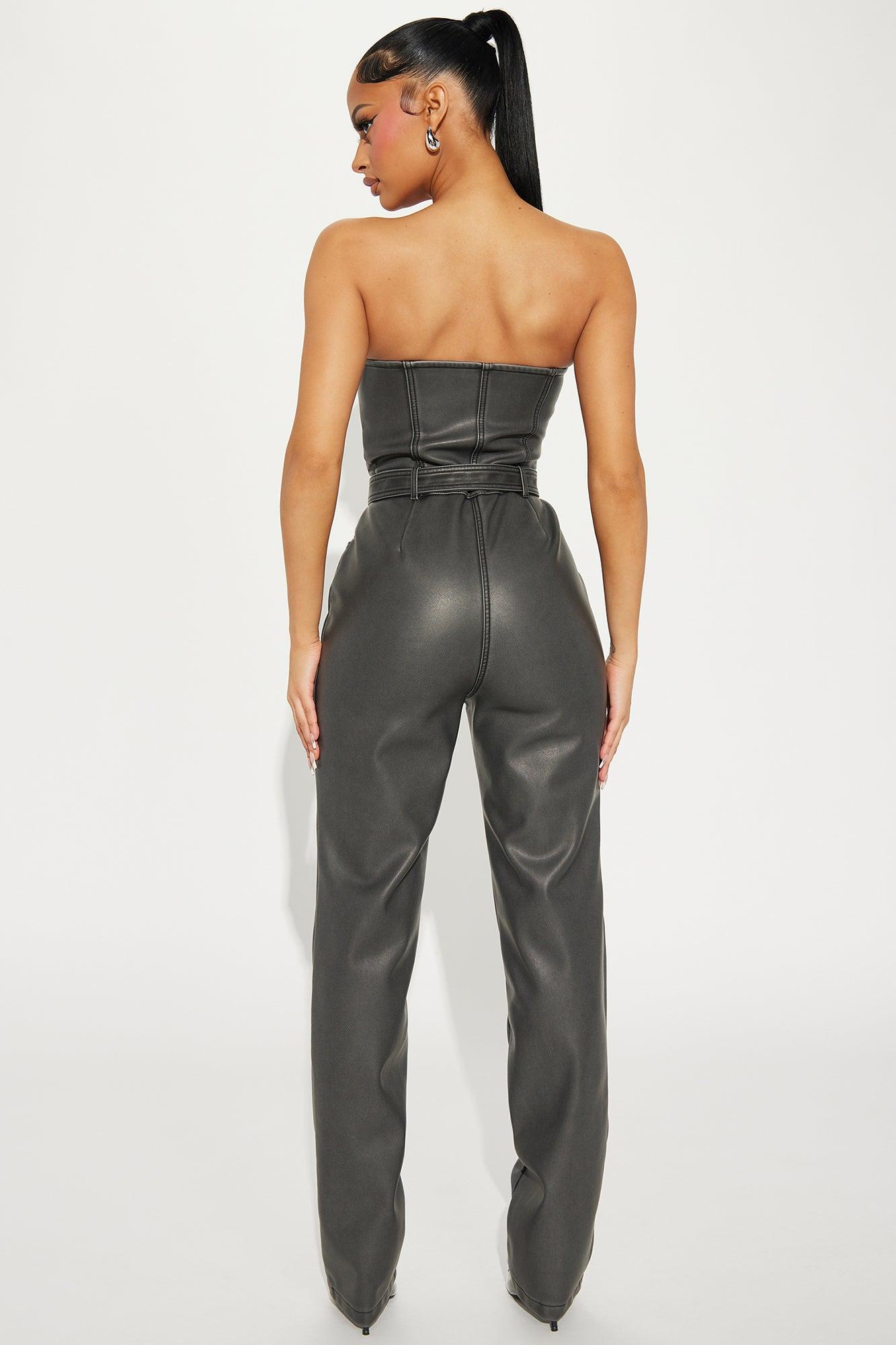 Riding Down This Road Faux Leather Jumpsuit - Charcoal Product Image
