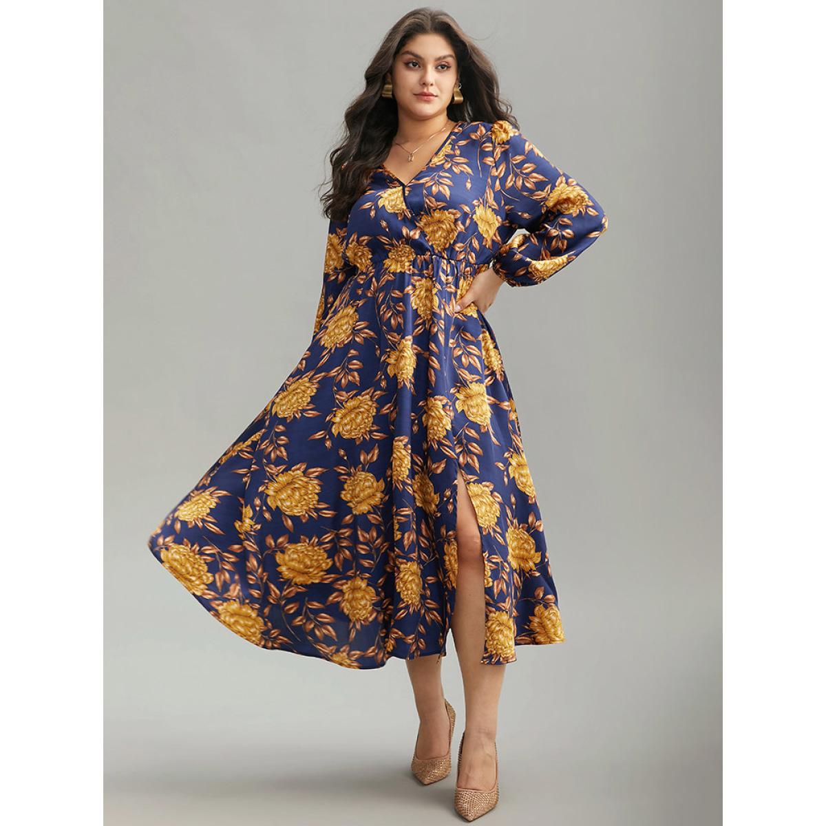 Plus Size Floral Elastic Waist Wrap Split Hem Dress DarkBlue Women Elegant Elastic cuffs Overlap Collar Long Sleeve Curvy Midi Dress BloomChic 18-20/2X Product Image