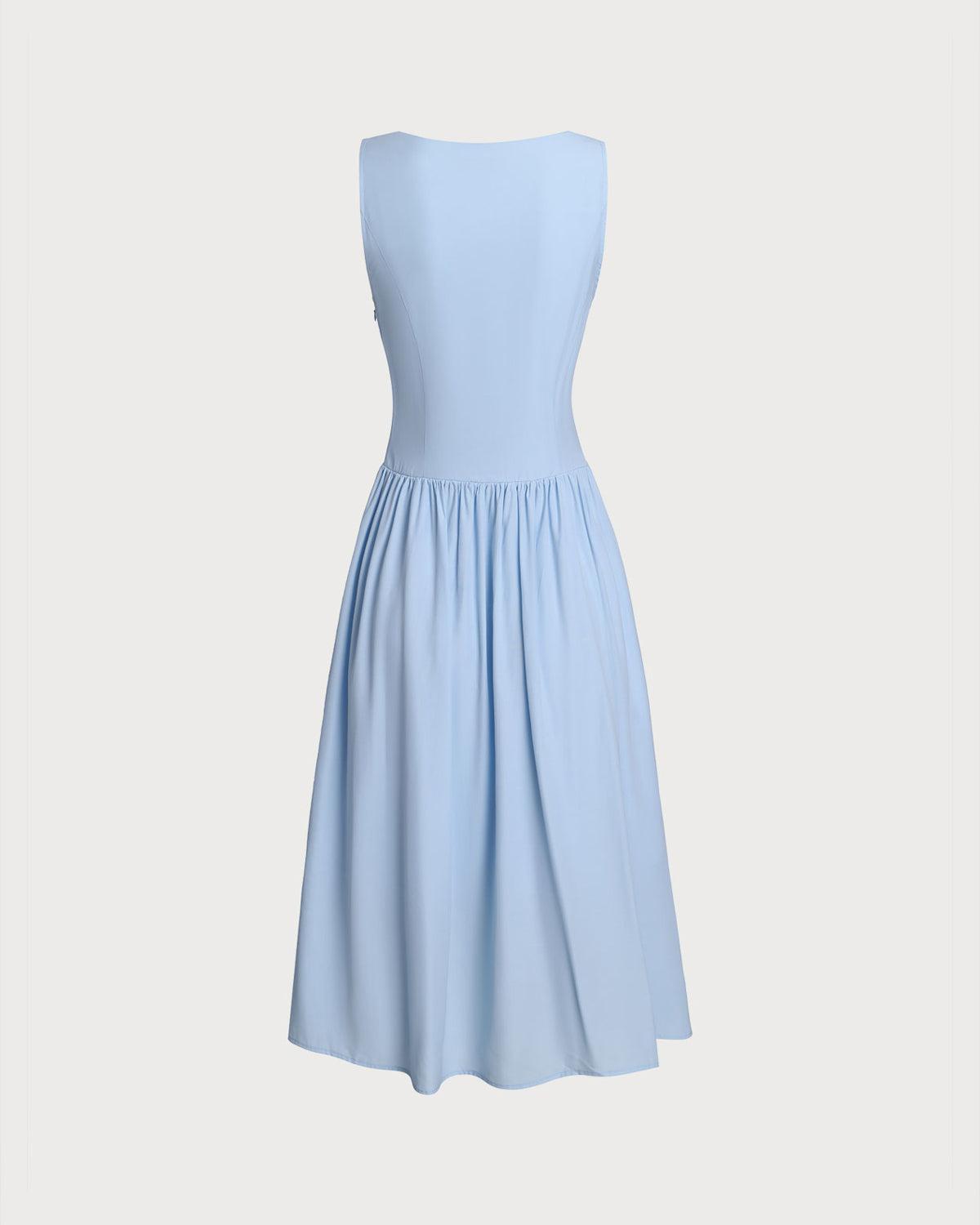 Blue V Neck Button Sleeveless Midi Dress Product Image