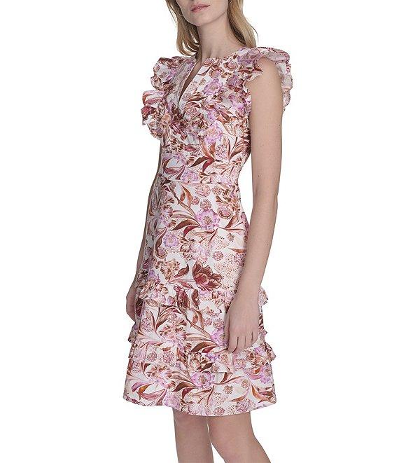 Eliza J Split V Neck Ruffle Trim Printed Poplin Shift Dress Product Image