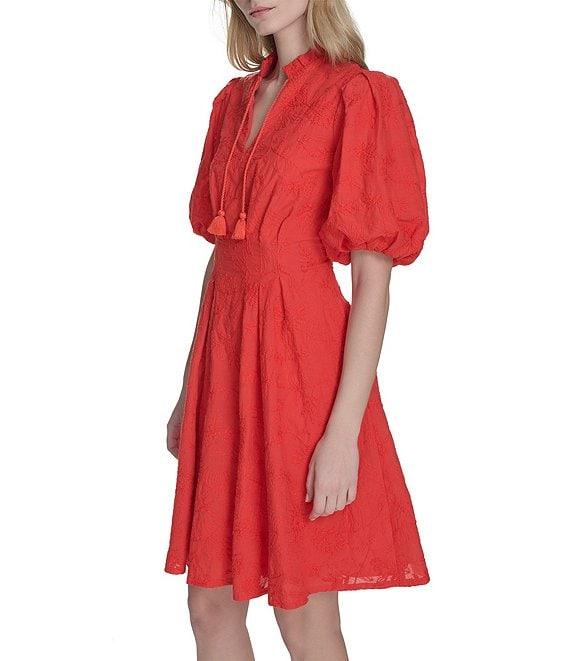 Eliza J Ruffle Stand Collar Short Puff Sleeve Emrboidered Cotton Fit & Flare Dress Product Image