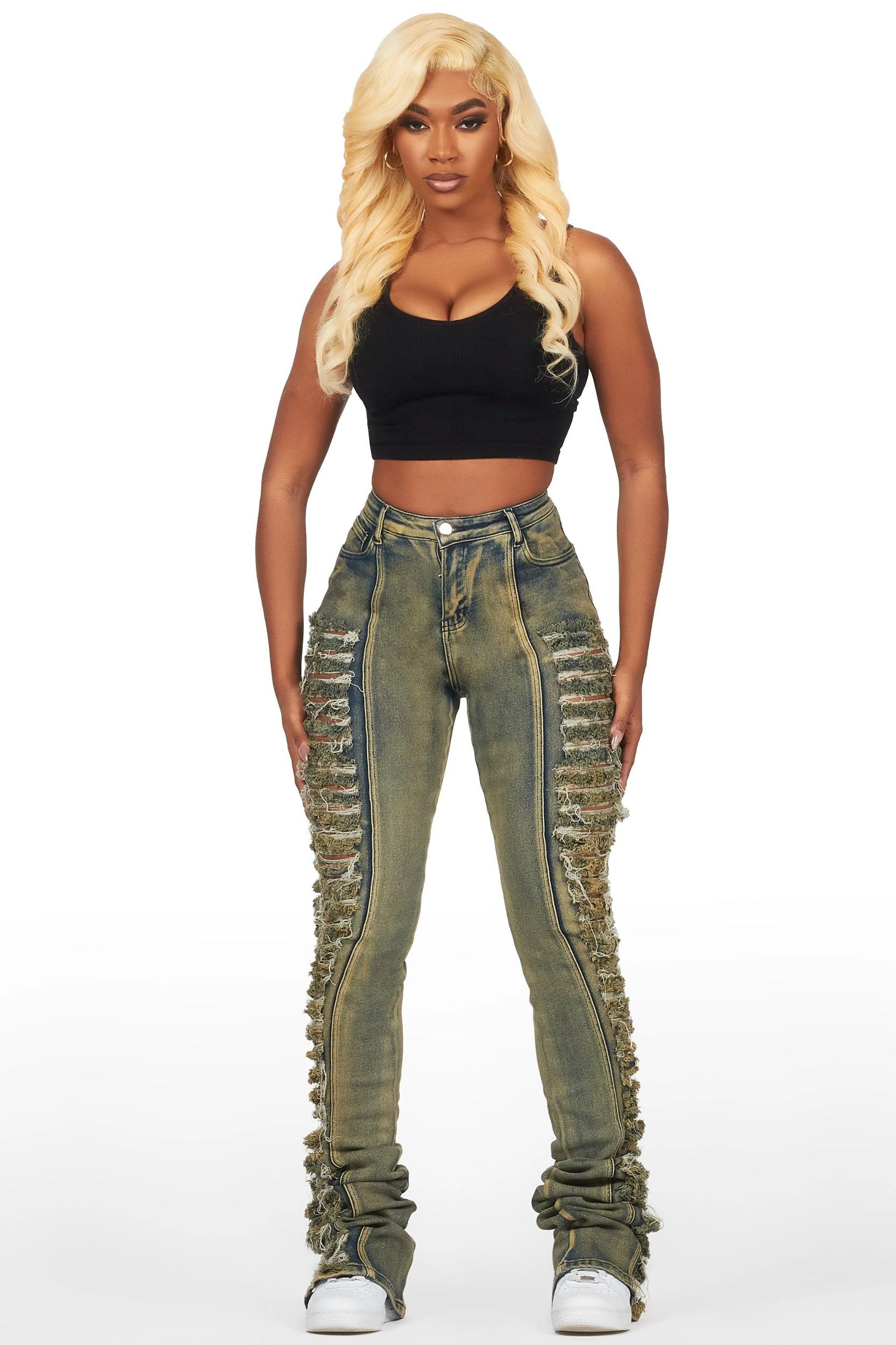 Erielle Tinted Dark Wash Mega Distressed Super Stacked Jean Female Product Image