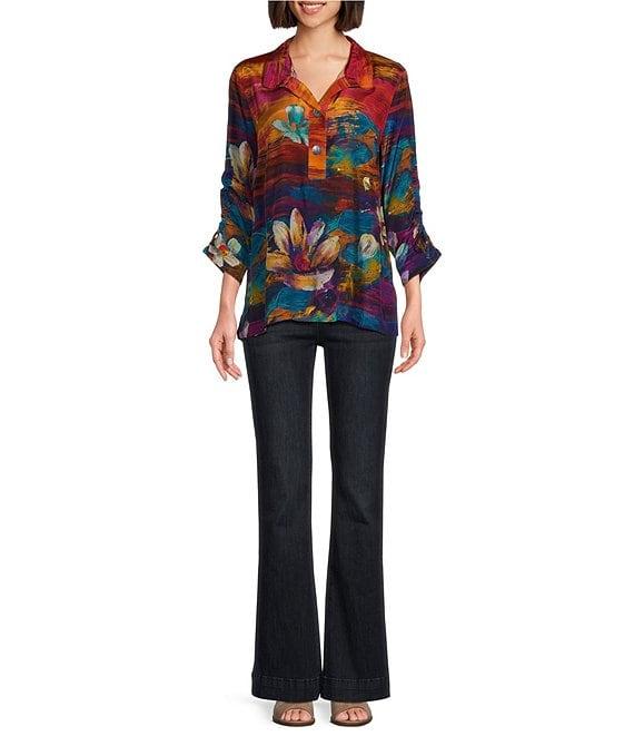 John Mark Woven Floral Painting Print Wire Collar 3/4 Cinch Sleeve Tunic Product Image
