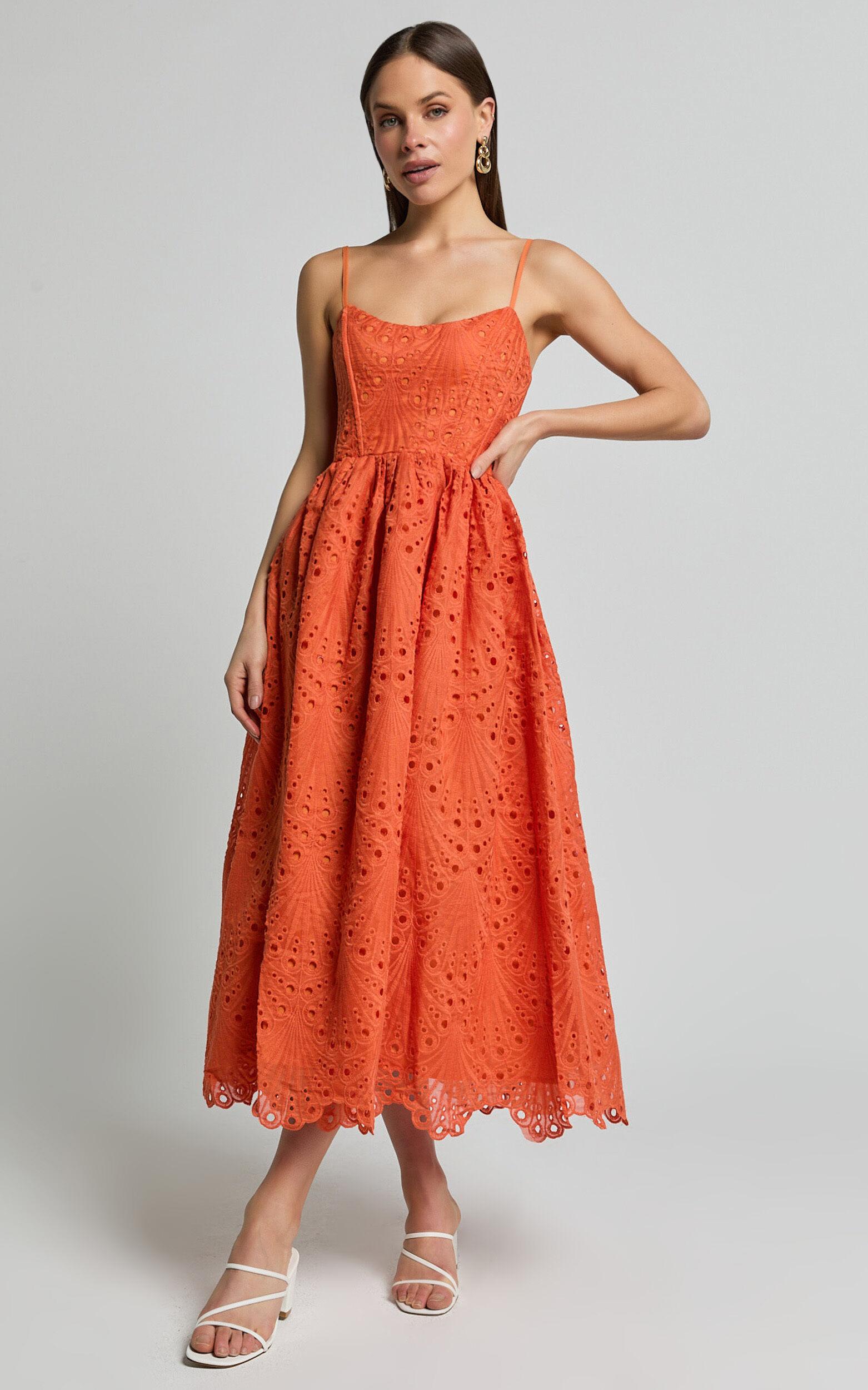 Gabriella Midi Dress - Strappy Gathered Skirt Embroidered Dress in Orange Product Image
