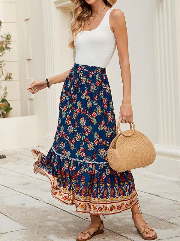 Loose Elasticity Flower Print Pleated Split-Joint Skirts Bottoms Product Image