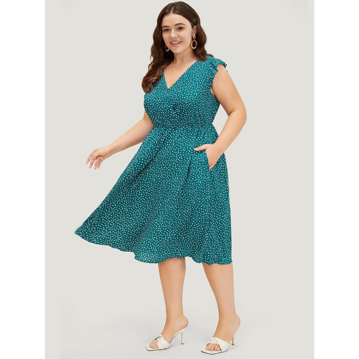 Plus Size Leopard Wrap Ruffle Trim Pocket Cap Sleeve Dress Cyan Women Elegant Wrap V-neck Cap Sleeve Curvy Midi Dress BloomChic 14-16/1X Product Image