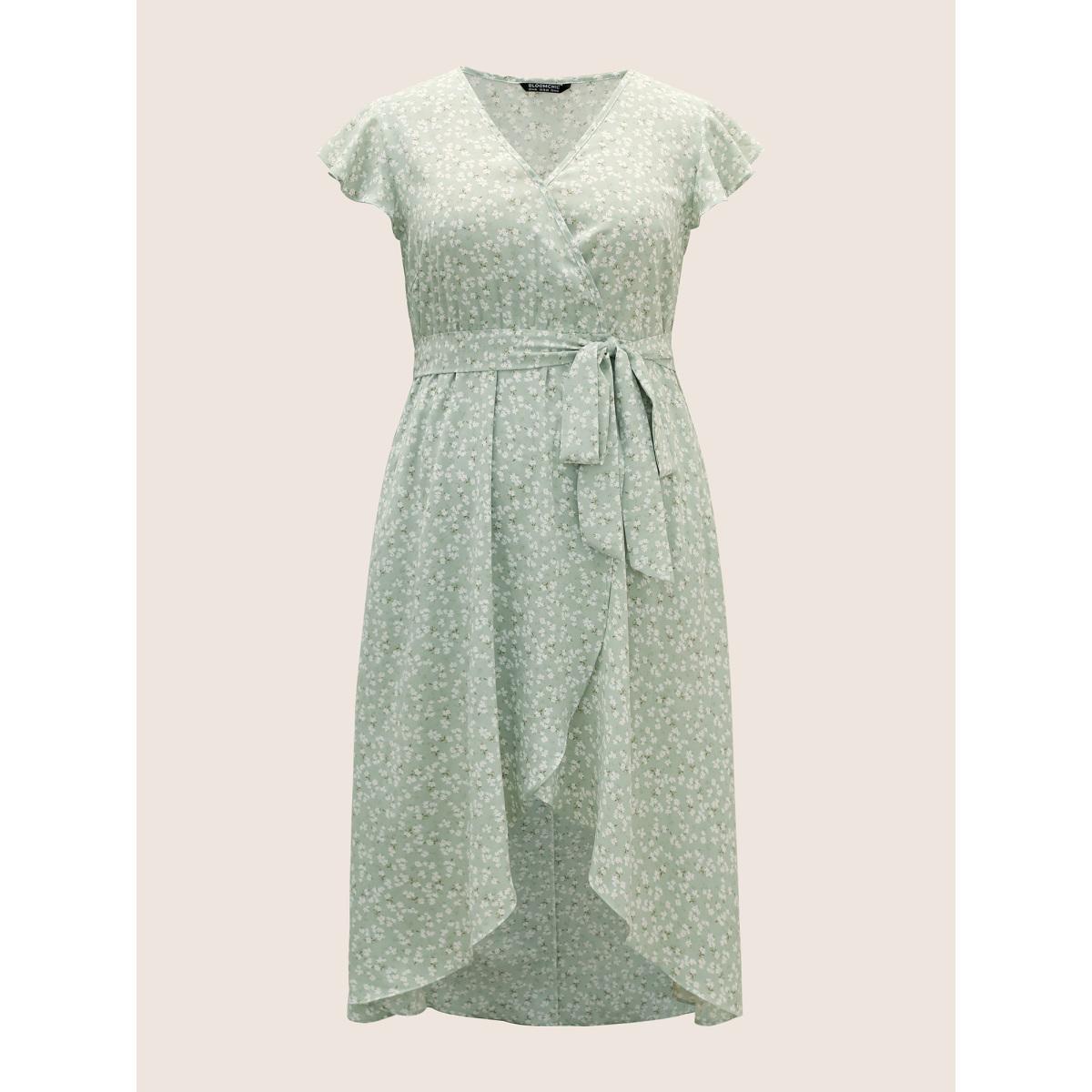 Plus Size Ditsy Floral Ruffle Cap Sleeve Belted Dress Mint Women Elegant Belted V-neck Cap Sleeve Curvy BloomChic 30/6X Product Image