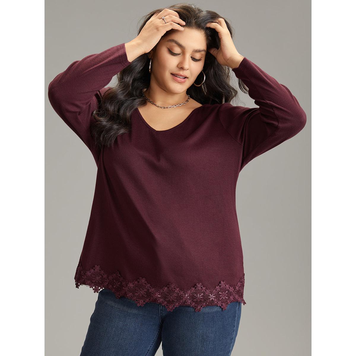 Plus Size Lace Panel Hem Long Sleeve T-shirt Maroon Women Elegant Plain Plain V-neck Dailywear T-shirts BloomChic 18-20/2X Product Image