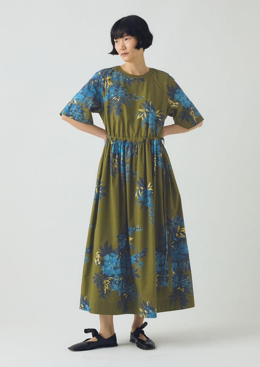 Botanical Shadow Print Cotton Dress | Olive Product Image