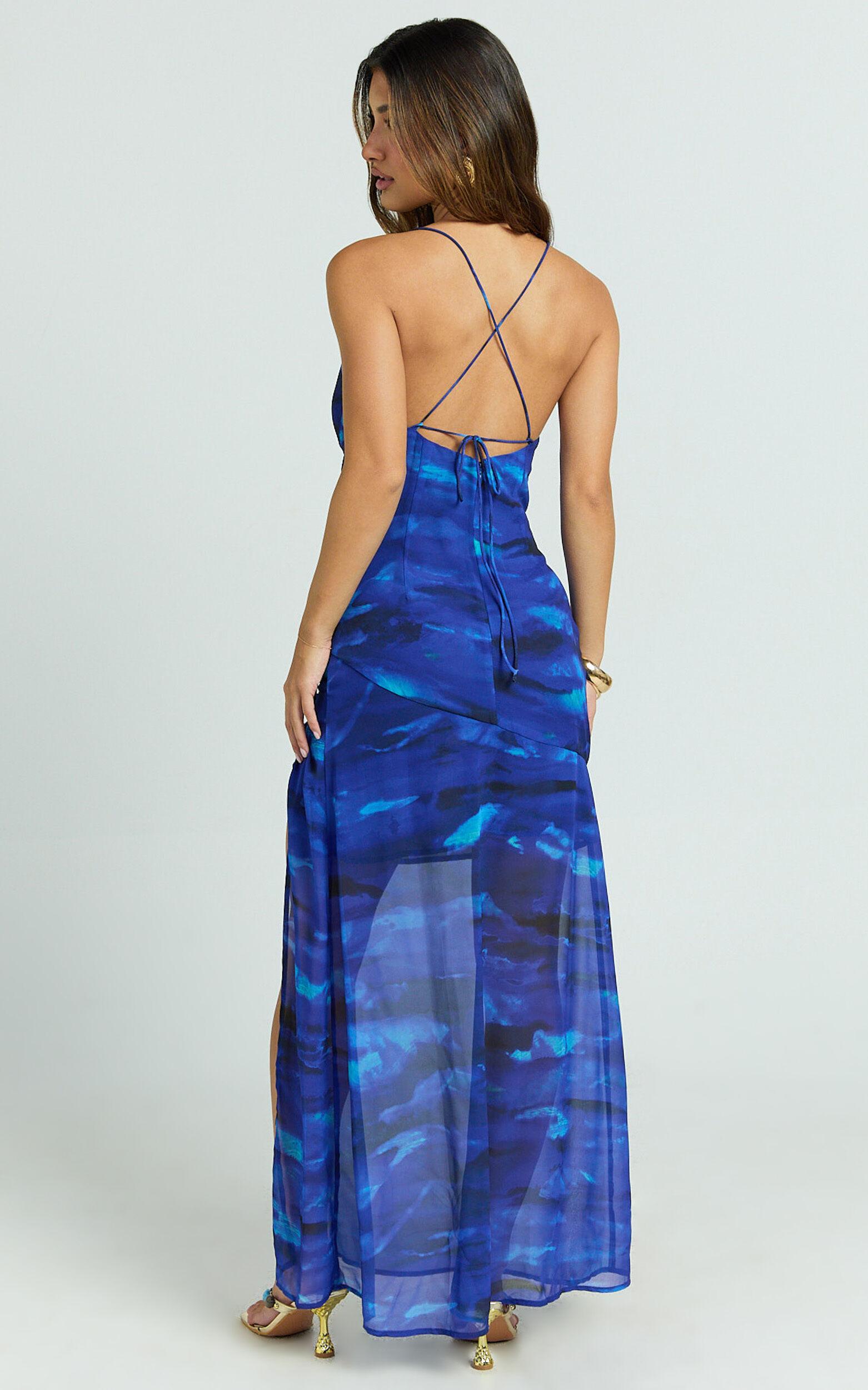 Cher Maxi Dress - Strappy Cowl Neck Bias Cut Georgette Dress in Blue Abstract Product Image
