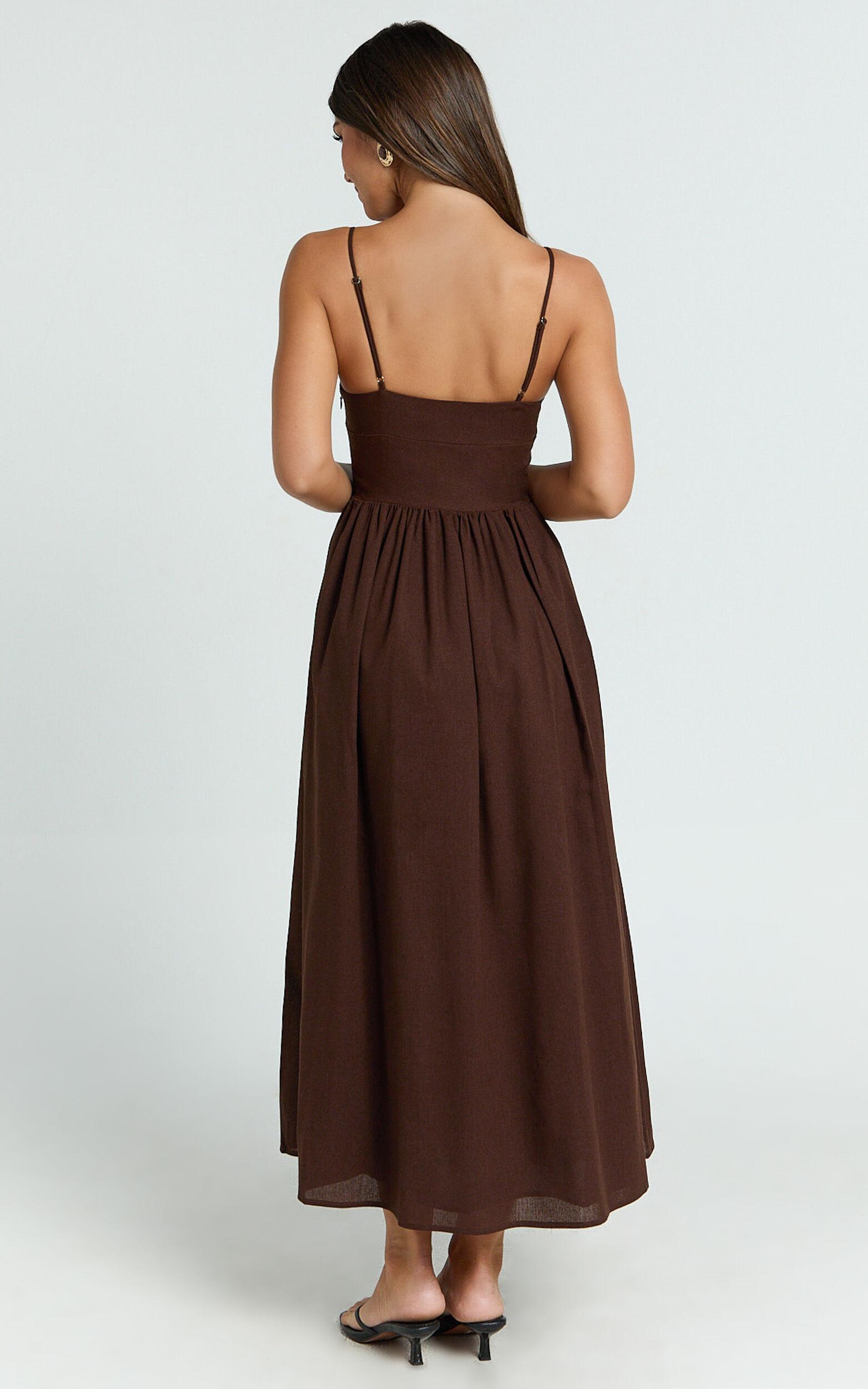 Morris Midi Dress - Linen Scoop Neck Gathered Dress in Chocolate Product Image