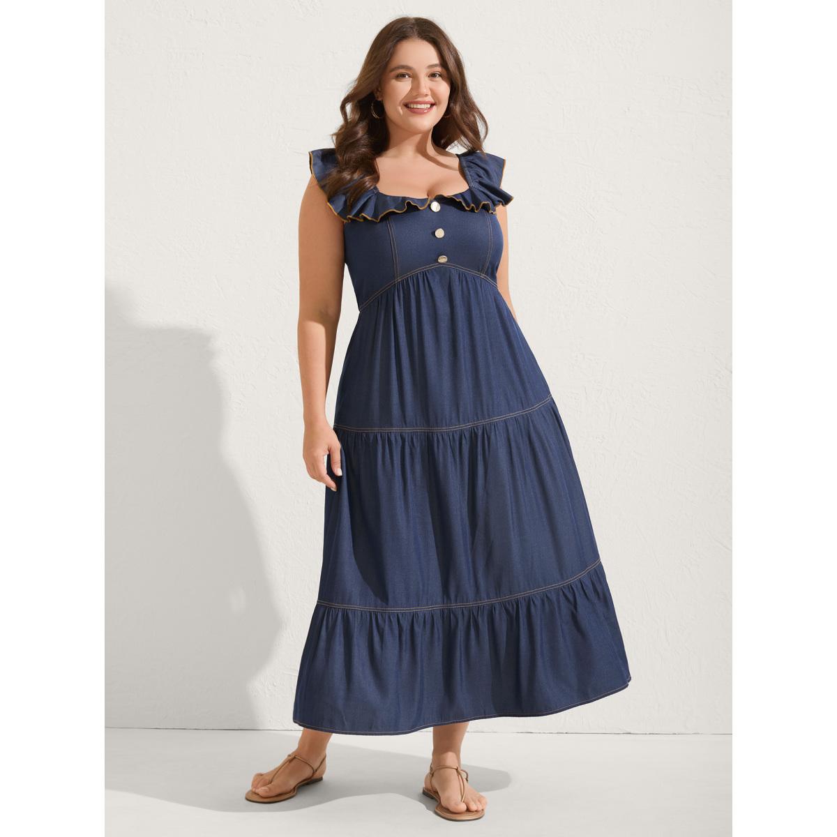 Plus Size Denim-Like Ruffled Tiered Midi Dress Indigo Women Boho Square Neck Cap Sleeve Curvy BloomChic 14-16/1X Product Image