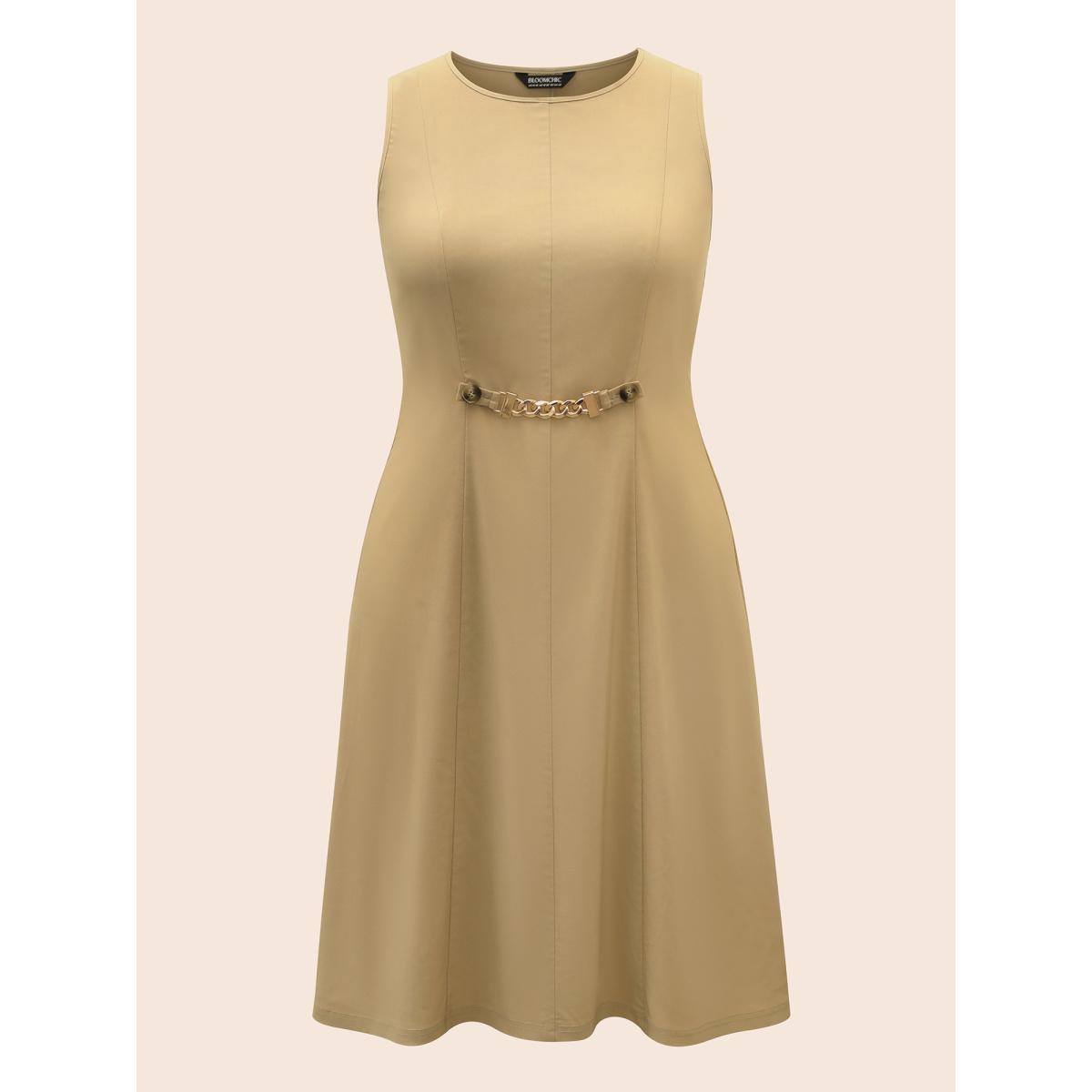 Plus Size Round Neck Metal Chain Detail Tank Dress Champagne Women Elegant Non Round Neck Sleeveless Curvy BloomChic 18-20/2X Product Image