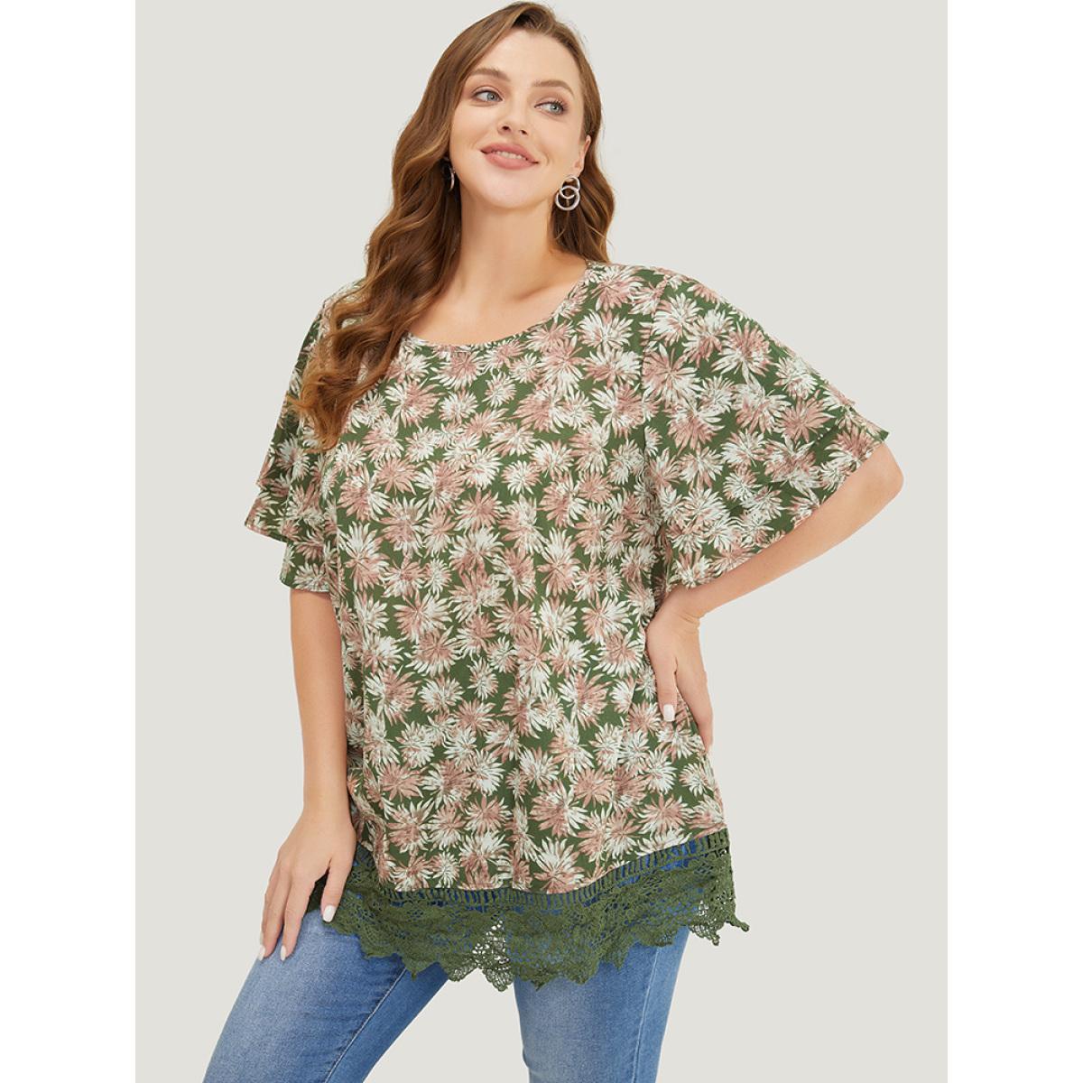 Plus Size Sage Plant Print Tiered Sleeve Lace Hem Blouse Women Vacation Short sleeve Round Neck Dailywear Blouses BloomChic 22-24/3X Product Image