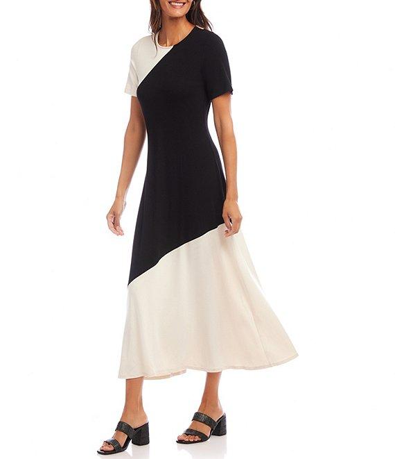 Karen Kane Colorblock Round Neck Short Sleeve A-Line Midi Dress Product Image