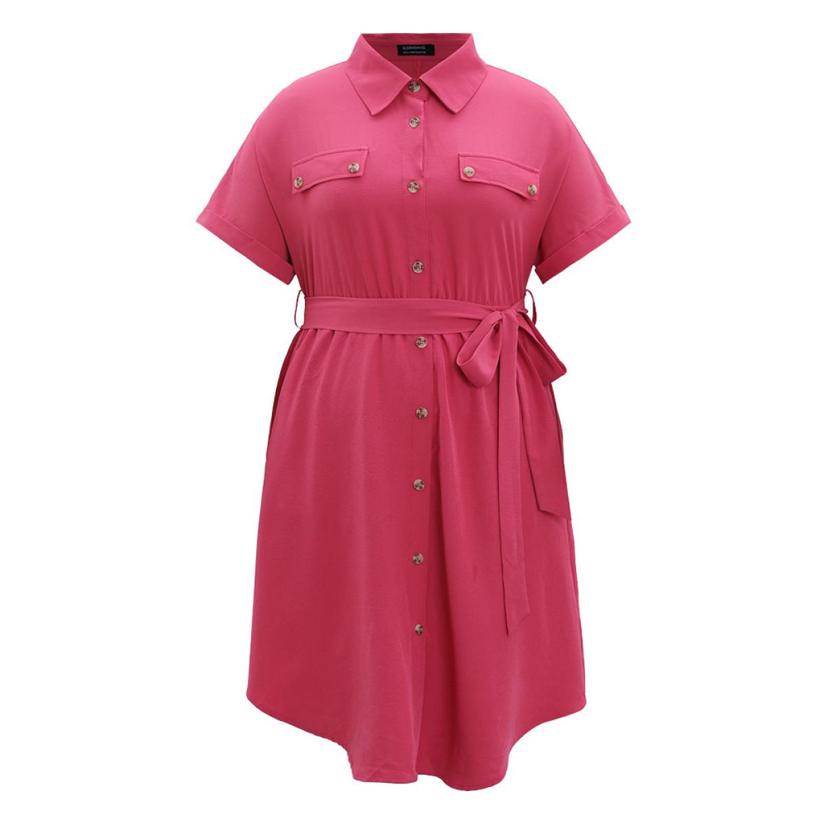 Plus Size Plain Belted Shirt Collar Arc Hem Roll Batwing Sleeve Dress Red Women Office Belted Shirt collar Short sleeve Curvy Knee Dress BloomChic 22-24/3X Product Image