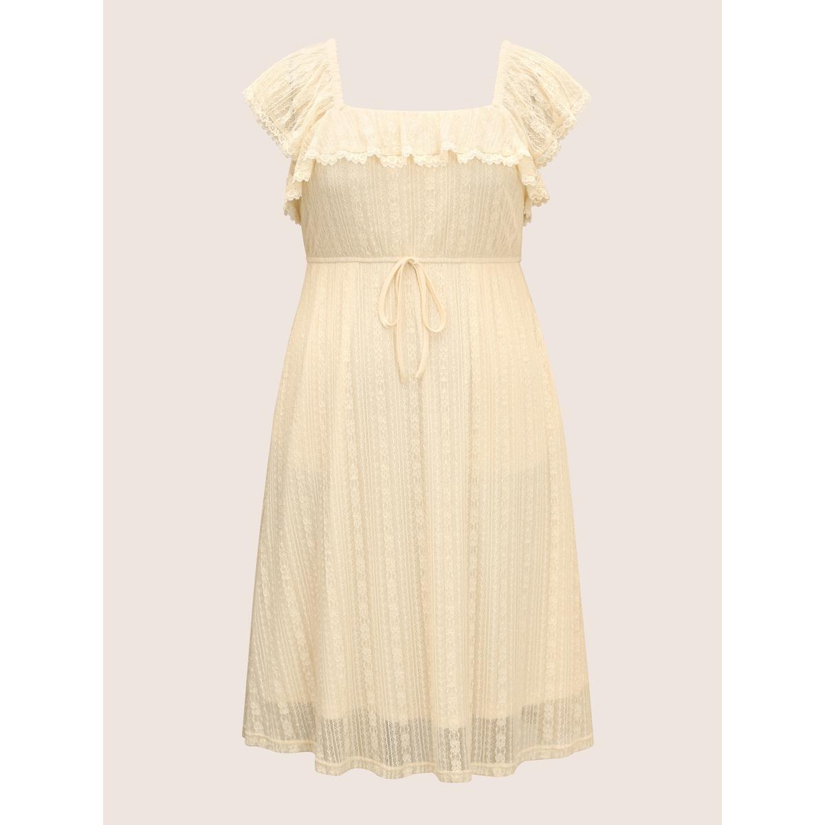 Plus Size Crochet Lace Mesh Drawstring Cap Sleeve Dress Apricot Women Elegant Woven ribbon&lace trim Square Neck Cap Sleeve Curvy BloomChic 12/L Product Image