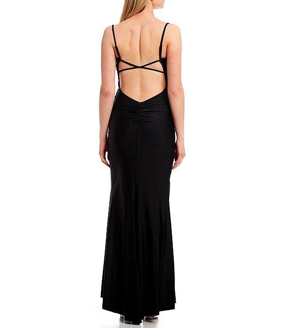 Midnight Doll Spaghetti Strap Scoop Neck Strappy Back Long Satin Dress Product Image