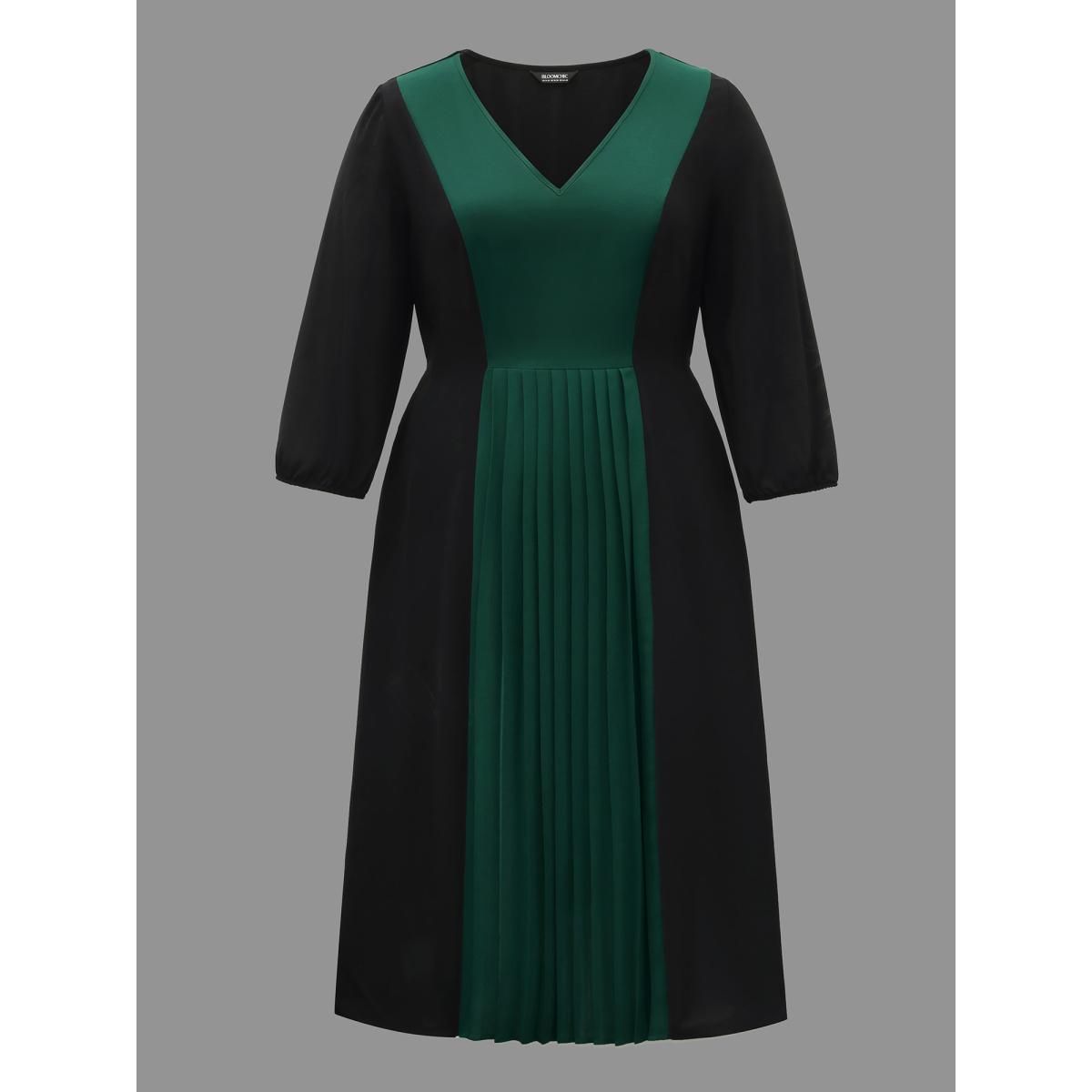 Plus Size Color Block V-Neck Pleated Midi Dress DarkGreen Women At the Office Contrast V-neck Elbow-length sleeve Curvy BloomChic 30/6X Product Image