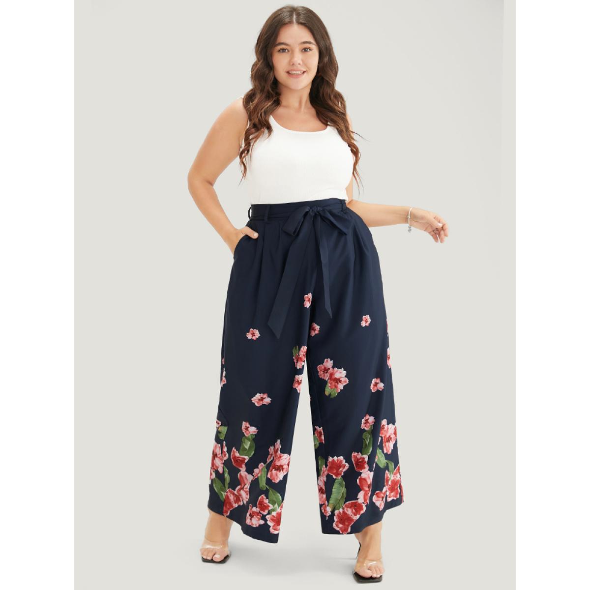 Plus Size Floral Wide Leg Pocket Pleated Detail Belt Pants Women Midnight Elegant Mid Rise Dailywear Pants BloomChic 14-16/1X Product Image