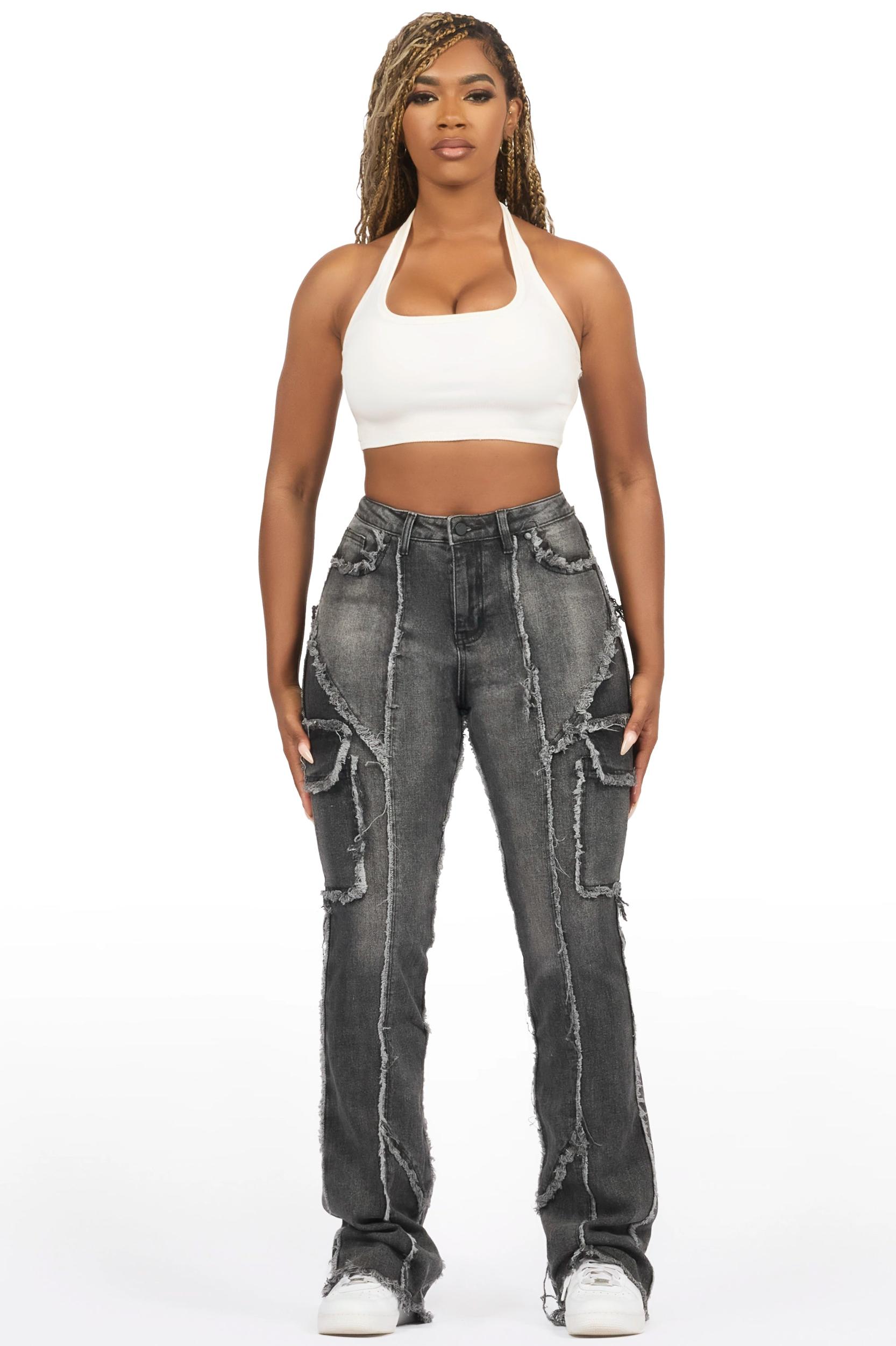 Keshia Dark Grey Wash Stacked Flare Jean Female Product Image