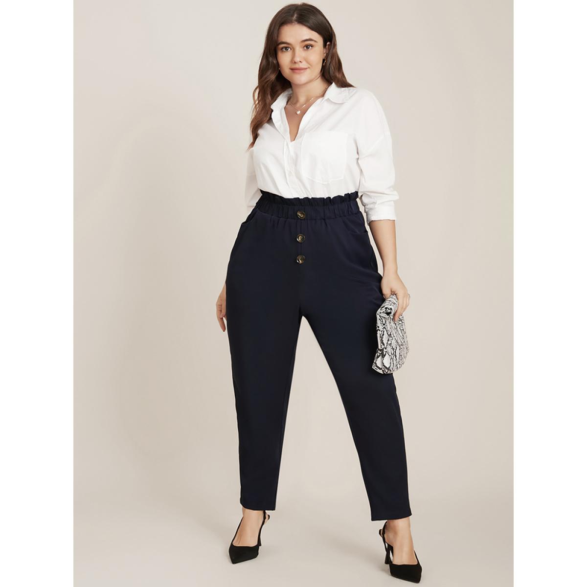 Plus Size Solid Paperbag Waist Button Detail Pocket Pants Women Indigo Casual Mid Rise Dailywear Pants BloomChic 18-20/2X Product Image