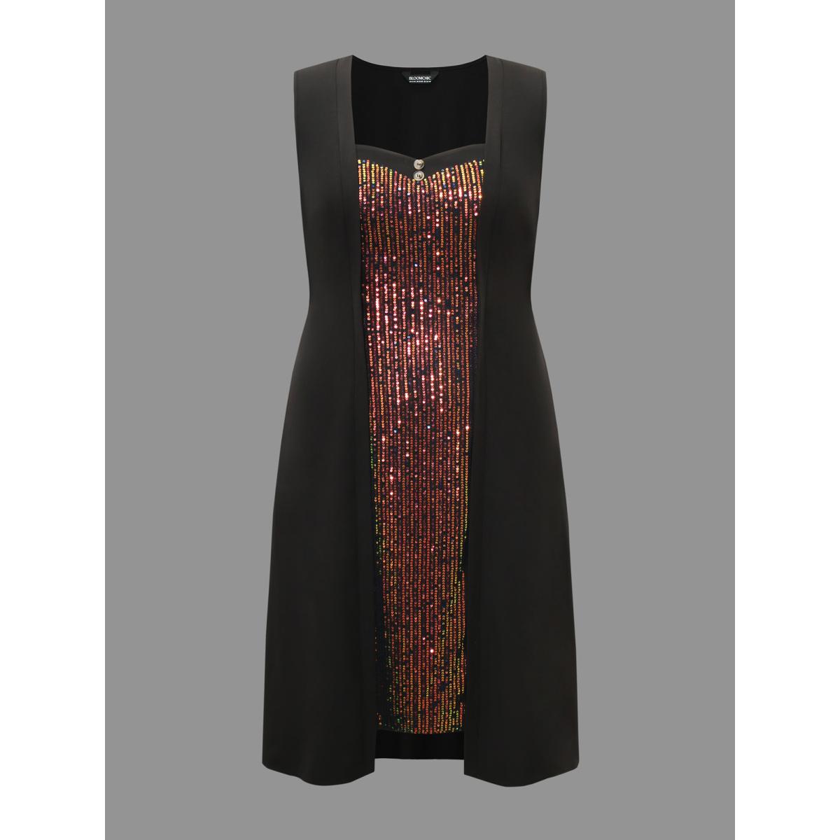 Plus Size Vest-Style Sequin Patchwork Elastic Waist Dress Black Women Cocktail Texture Party Curvy Bloomchic 28/5X Product Image