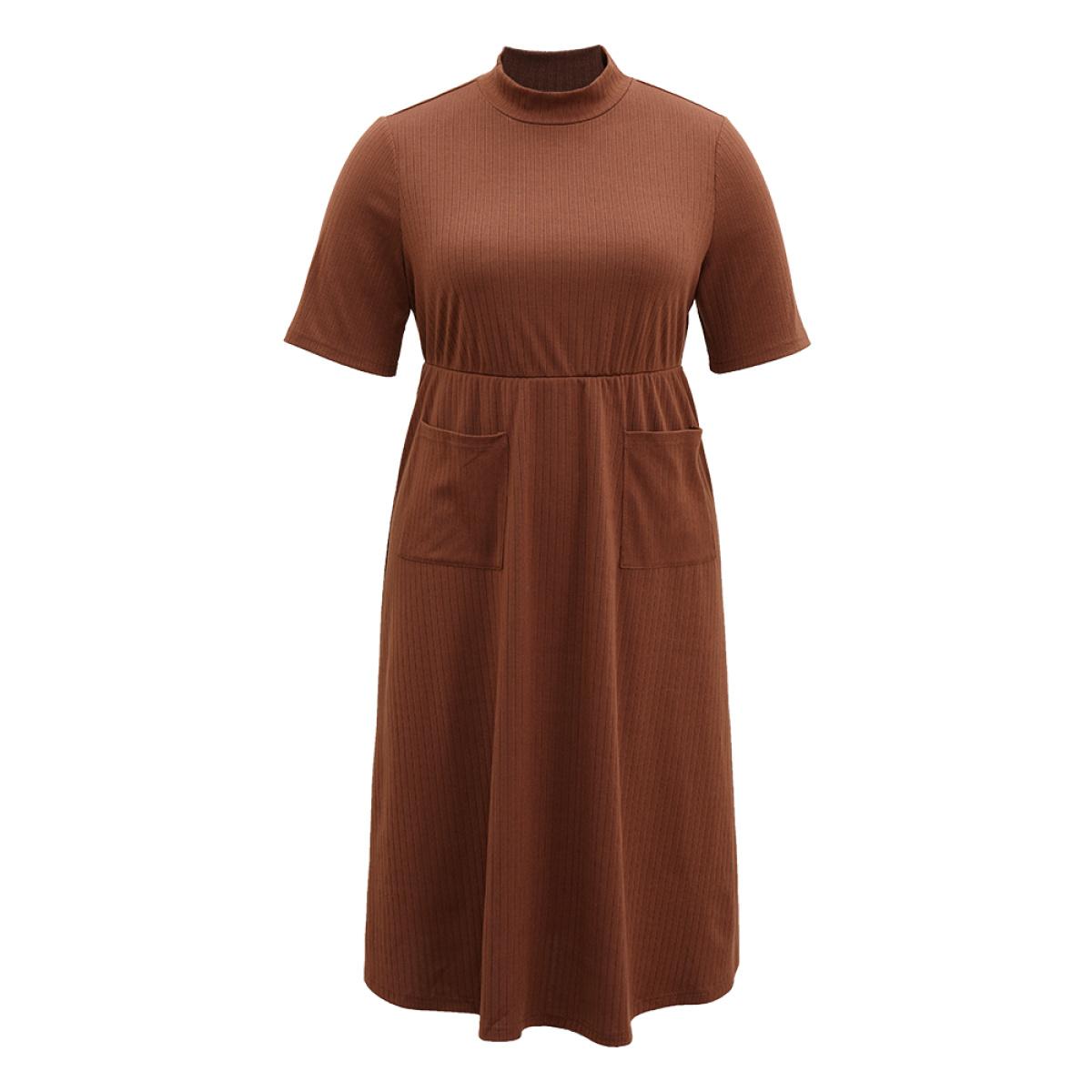 Plus Size Solid Rib Knit Mock Neck Pocket Dress Chocolate Women Office Plain Mock Neck Short sleeve Curvy Midi Dress BloomChic 22-24/3X Product Image