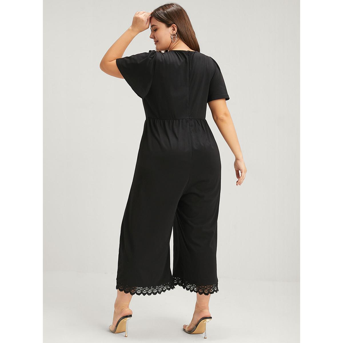 Plus Size Black Solid Ruffles Contrast Lace Pocket Jumpsuit Women Elegant Short sleeve V-neck Dailywear Loose Jumpsuits BloomChic 30/6X Product Image