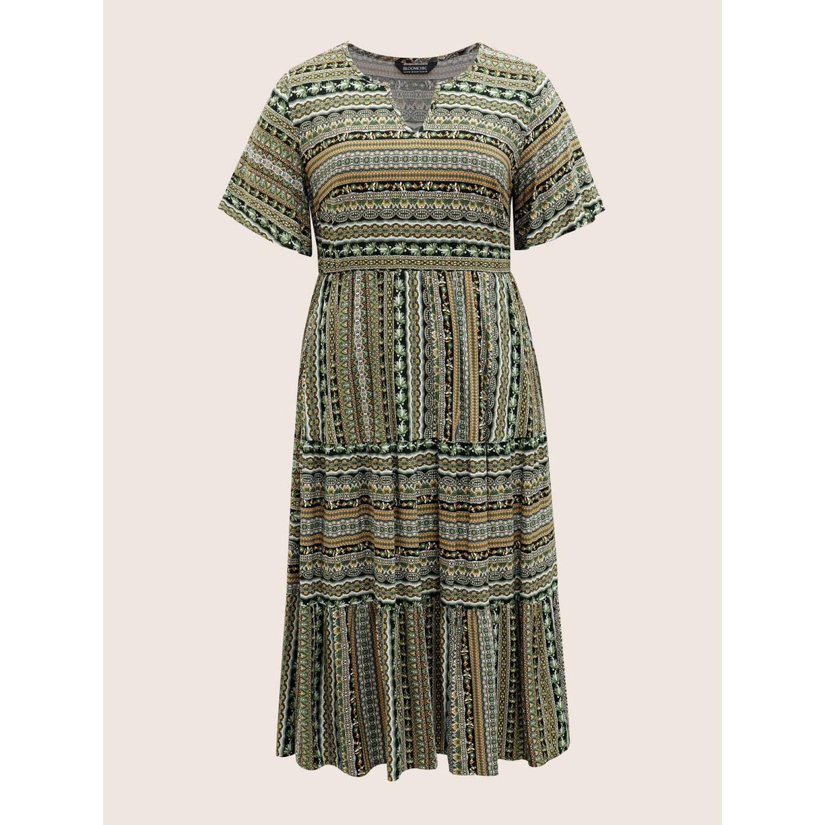 Plus Size Rayon Bandana Print Ruffle Layered Hem Dress Black Women Resort Ruffles Notched collar Short sleeve Curvy BloomChic 18-20/2X Product Image