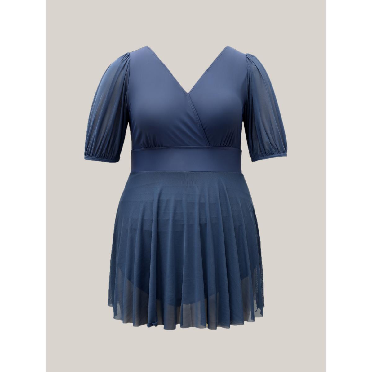 Plus Size Surplice Neck Spliced Sheer Swim Dress Women's Swimwear Stone Beach Bodycon Overlap Collar High stretch Curve Swim Dresses BloomChic 22-24/3X Product Image