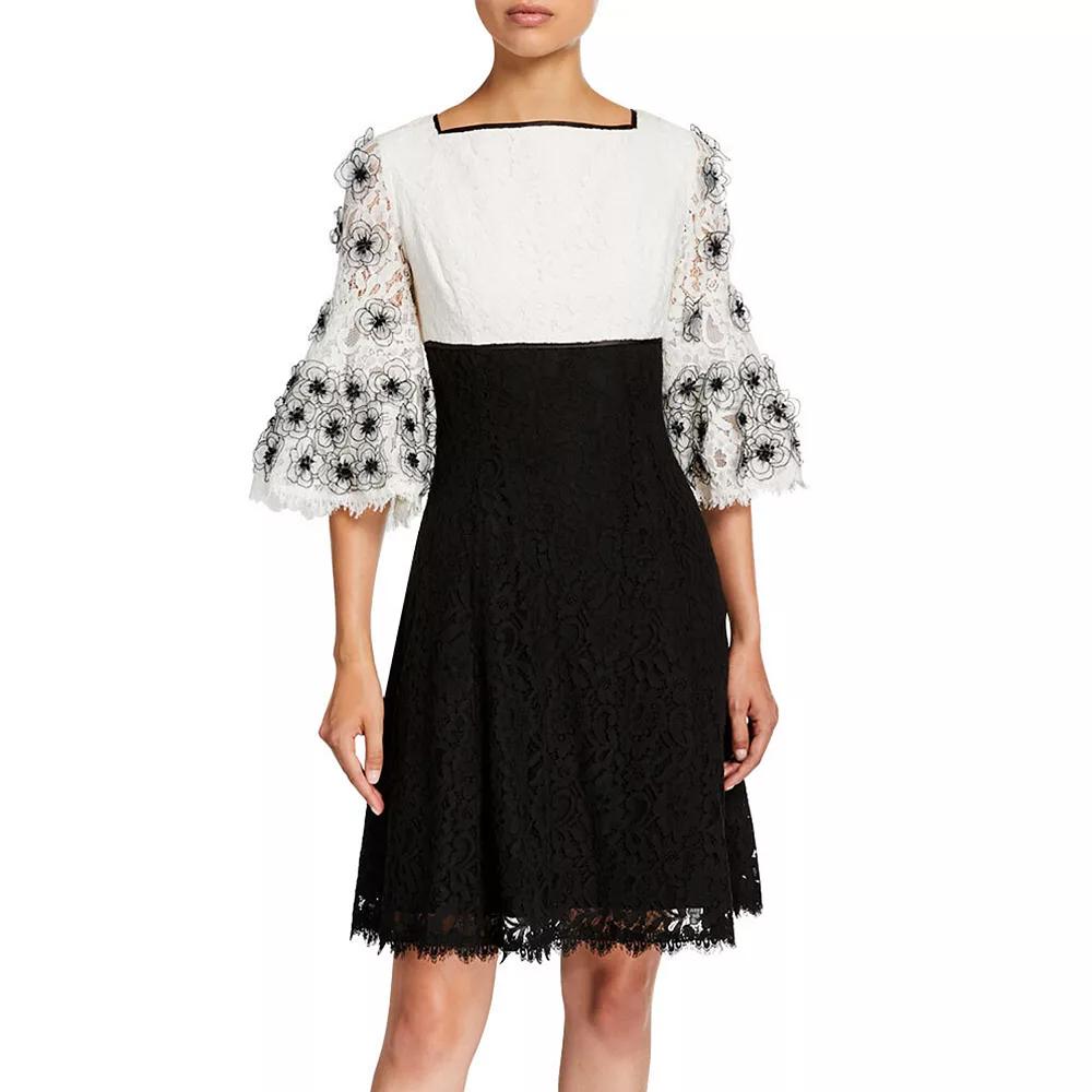 Women's Focus By Shani Floral Applique Lace Mini Dress, Size: 10, Black Ivory Product Image