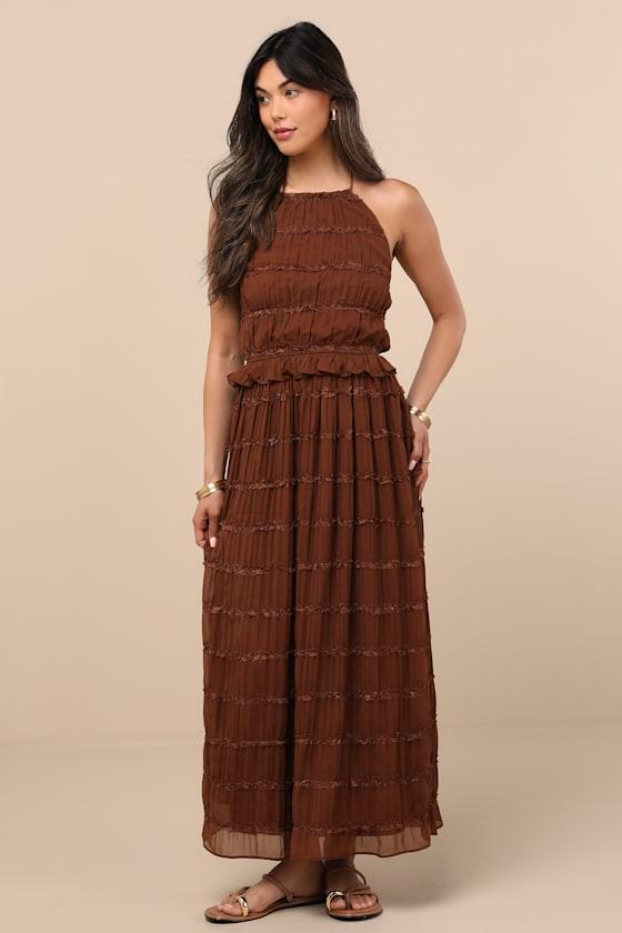 Madriana Brown Halter Neck Ruffed Midi Dress Product Image