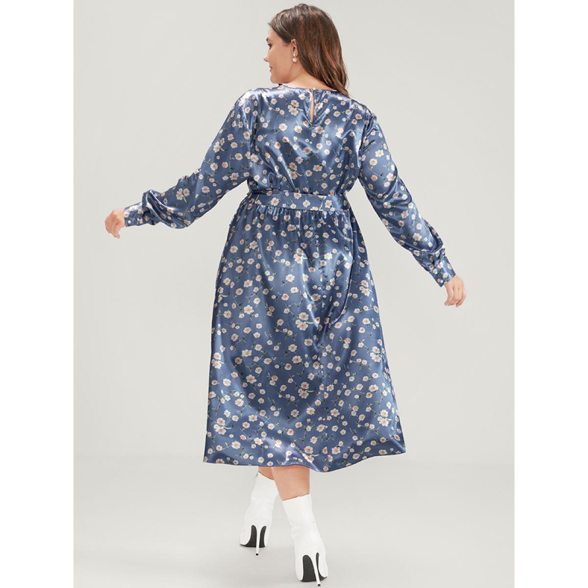 Plus Size Floral Keyhole Back Pocket Belted Satin Midi Dress Aegean Women Elegant Pocket Round Neck Long Sleeve Curvy Midi Dress BloomChic 14-16/1X Product Image